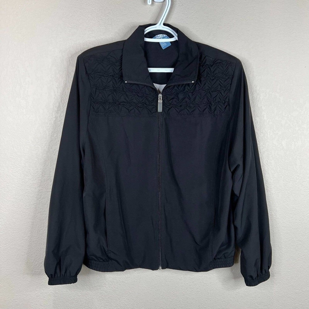 Vintage Koret Sport Womens Track Jacket Size Medium Black Full Zip Ruched Detail